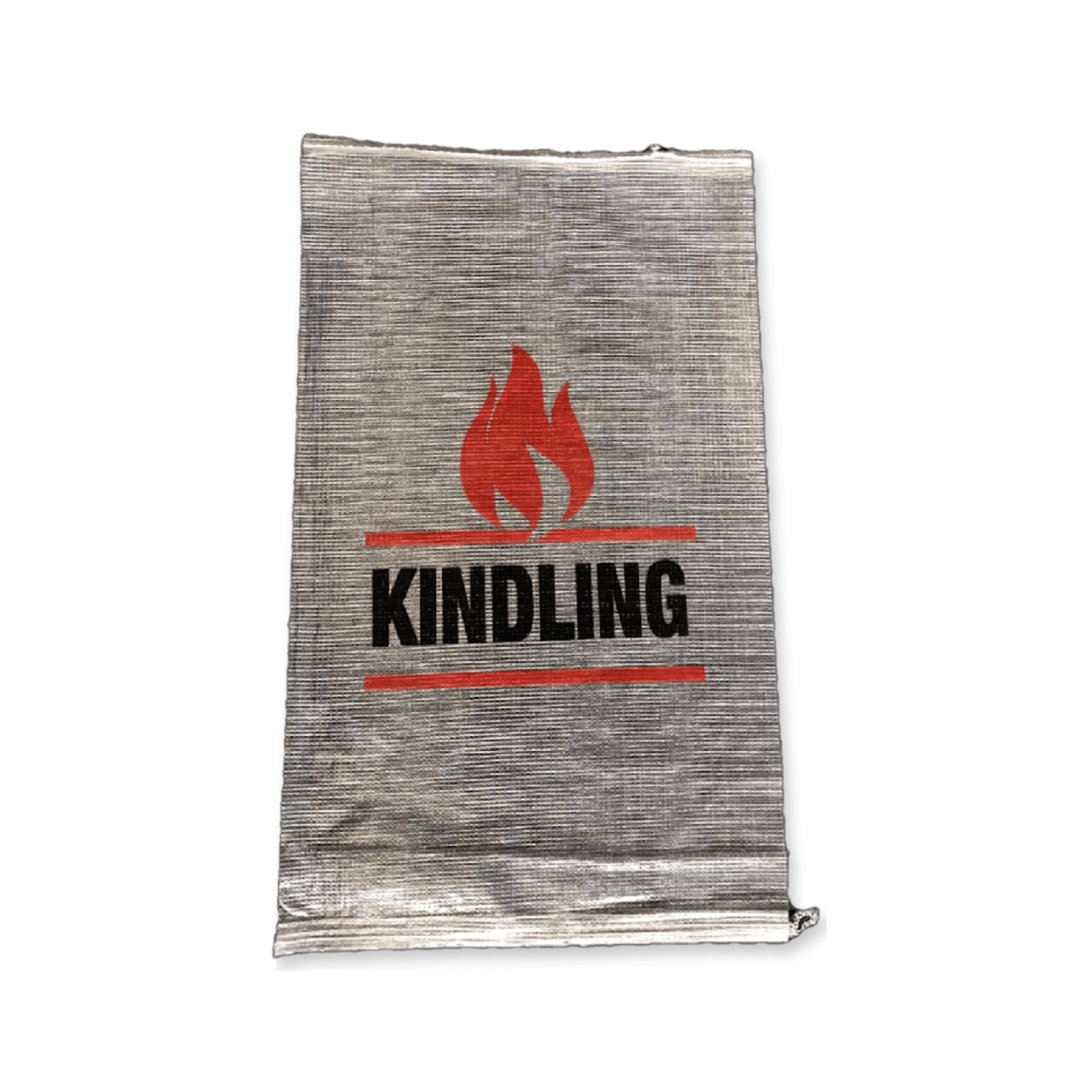 Transparent kindling bags stacked, front view, with printed design