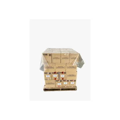 Pallet of cardboard boxes shrink-wrapped on wooden pallet, labeled PACIFIC PACKAGING, stacked for shipping