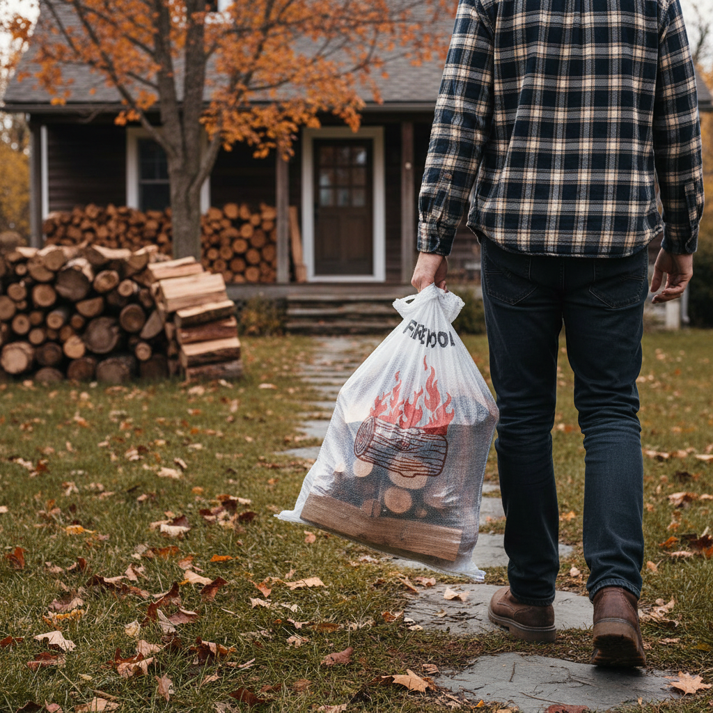 Person carrying a bag of firewood in a Pacific Packaging Australia Firewood Bag on a grassy lawn with stacked logs in the background.