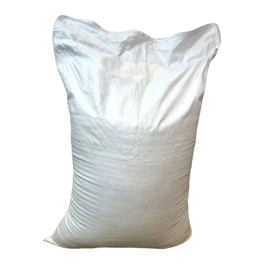 White woven polypropylene sack standing upright, filled bulk bag for rice, grain, fertilizer or animal feed on white background