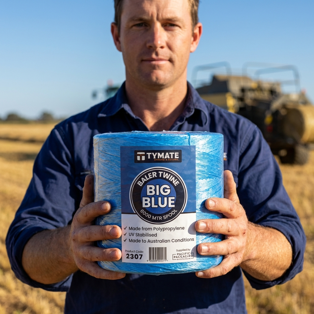 Farmer holding baler twine spool in harvested field; label text: TYMATE BALER TWINE BIG BLUE 0000 MTR SPOOL Made from Polypropylene UV Stabilised Made to Australian Conditions Product Code: 2307