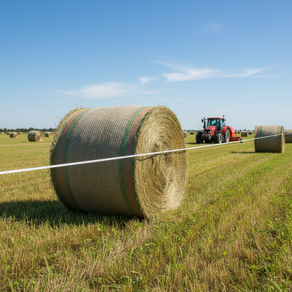 Hay bale in a field with a tractor in the background