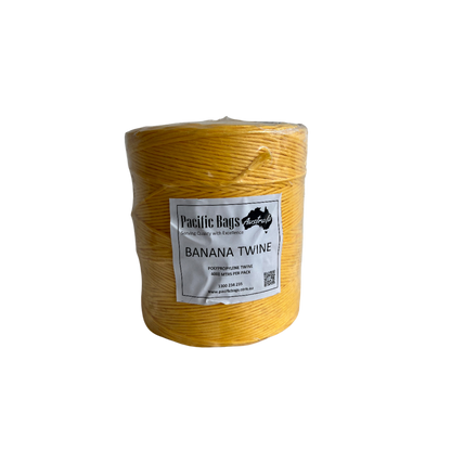 Banana twine spool, wrapped yellow polypropylene twine with retail label — Pacific Bags Australia Serving Quality with Excellence BANANA TWINE POLYPROPYLENE TWINE 4000 MTRS PER PACK 1300 234 235 www.pacificbags.com.au