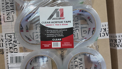 A1 Tapes® - Clear Acrylic Packing Tape 48mm x 75m x 50um, 36 Rolls/Carton 6 Rolls