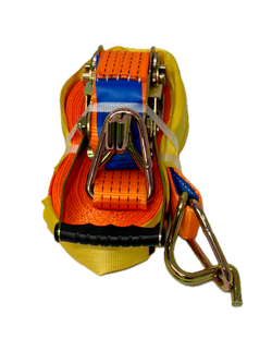 Ratchet strap with orange and blue webbing on a white background