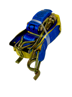 Blue and yellow ratchet strap on a white background
