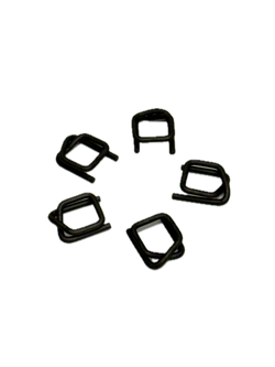 Set of six black metal clips on a white background