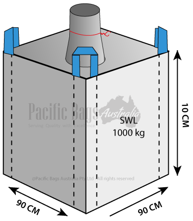 FIBC bulk bag with top discharge spout and four blue lifting loops, printed "SWL 1000 kg" "Pacific Bags Australia" "Serving Quality with Excellence"