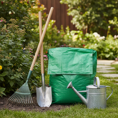 A Pacific Packaging Australia Garden Bag in a garden with other gardening tools such as a rake, shovel and watering can.