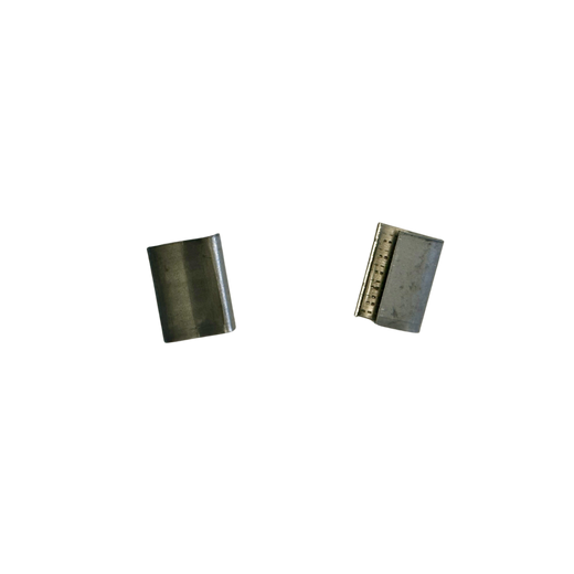 Metal crimp sleeves separated, showing serrated interior and exterior seam, isolated on white background