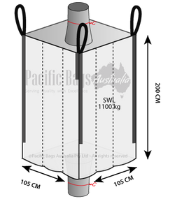Technical drawing of a large bag with dimensions and Pacific Bags Australia branding.