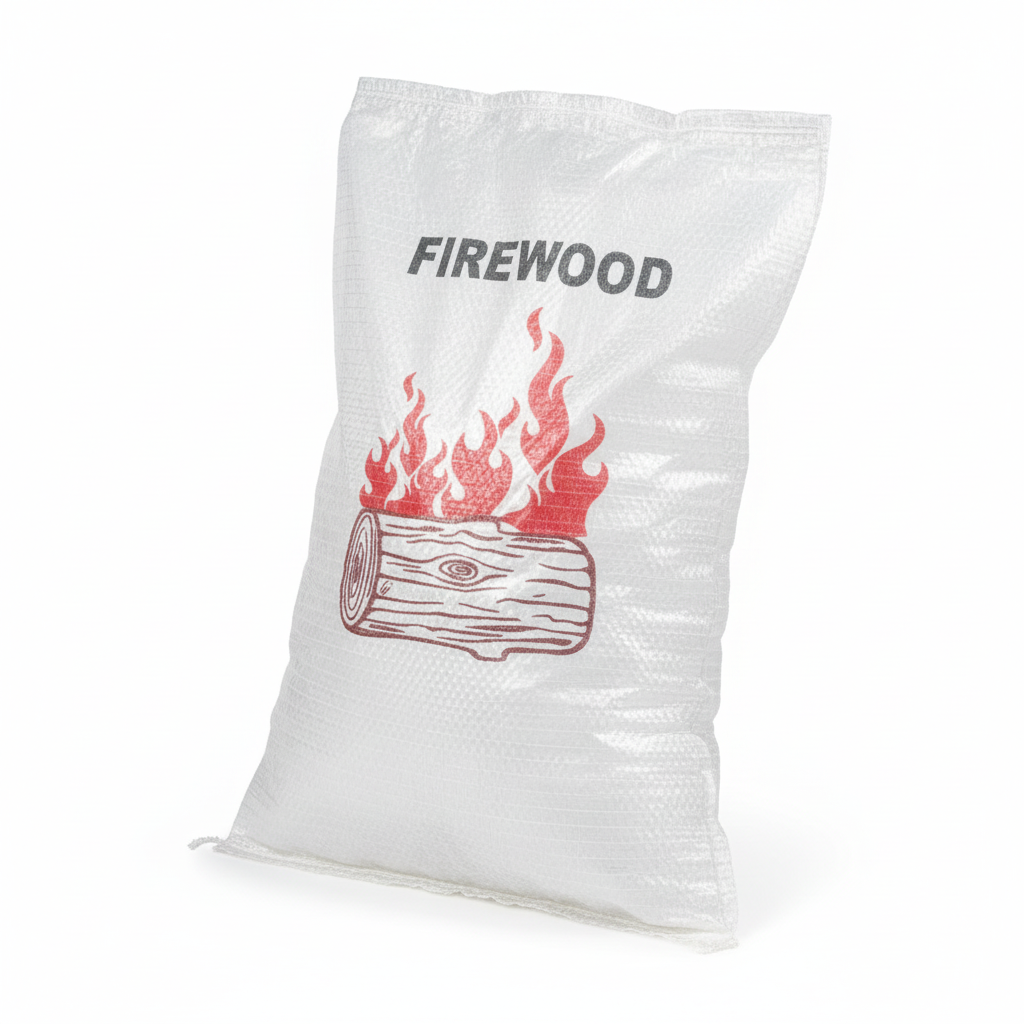 A White Pacific Packaging Australia Firewood Bag with a red illustration of flames and a log on a white background