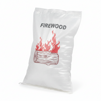 A White Pacific Packaging Australia Firewood Bag with a red illustration of flames and a log on a white background