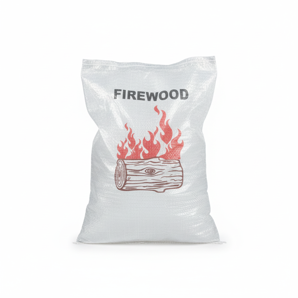 A White Pacific Packaging Australia bag  with a red fire and log design on a white background