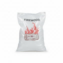 A White Pacific Packaging Australia bag  with a red fire and log design on a white background