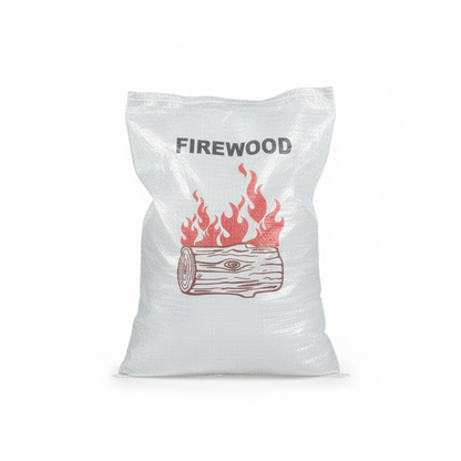 A White Pacific Packaging Australia bag  with a red fire and log design on a white background
