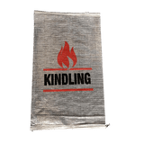 Burlap sack labeled KINDLING with red flame icon, used for firewood storage