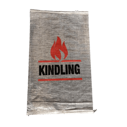 Burlap sack labeled KINDLING with red flame icon, used for firewood storage