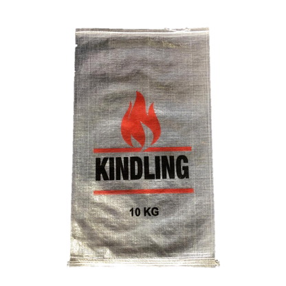 Kindling sack displaying red flame logo and bold text "KINDLING" "10 KG" on woven white bag