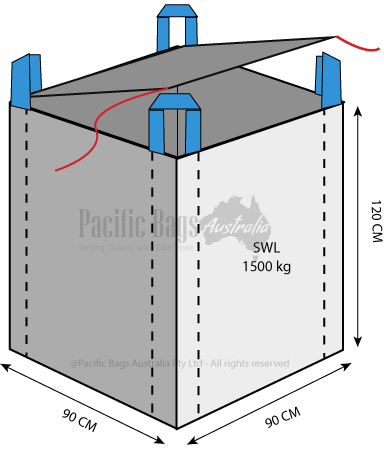 bulk bag (FIBC) showing four lift loops, open top flap and spout, industrial packaging; Pacific Bags Australia; SWL 1500 kg