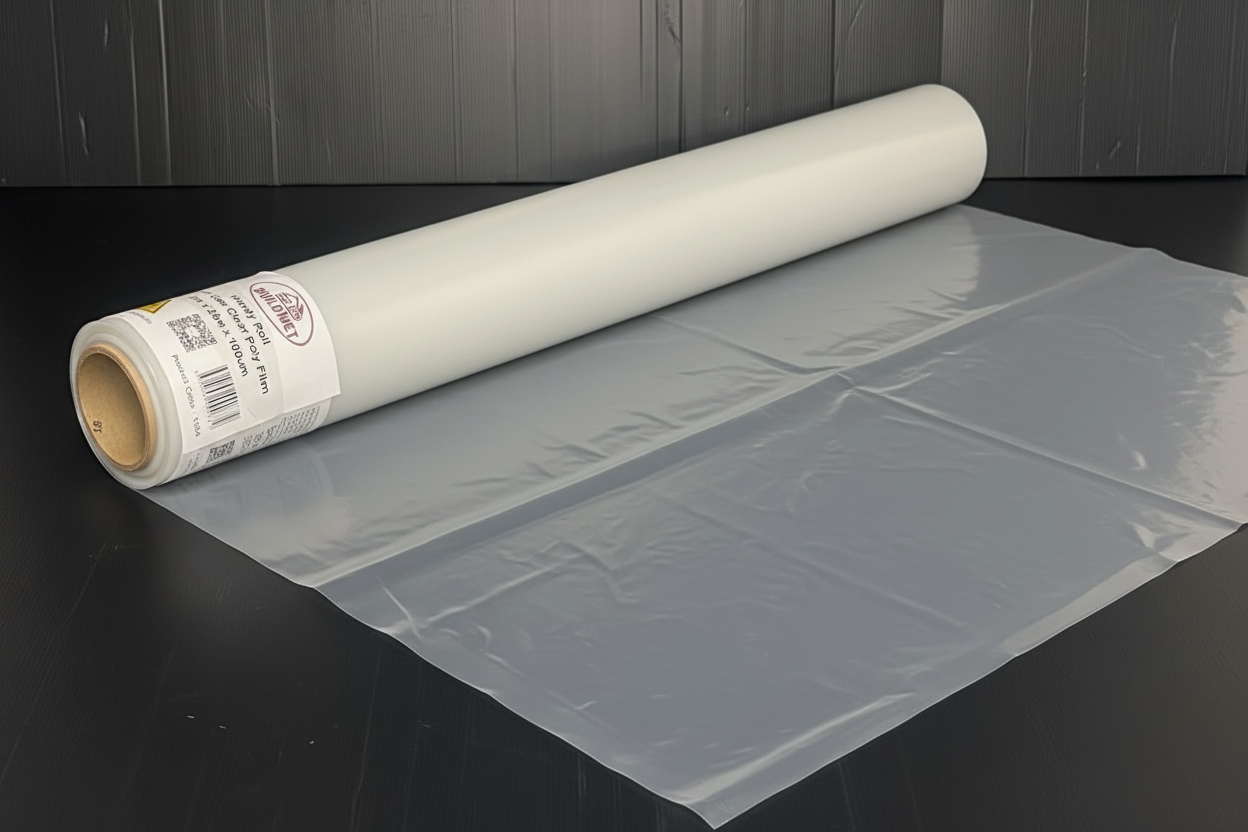 A roll of Pacific Packaging Australia's Buildmet Clear Builders Film that has been un rolled a bit to show case it.