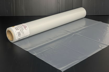 A roll of Pacific Packaging Australia's Buildmet Clear Builders Film that has been un rolled a bit to show case it.