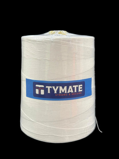 TYMATE 3 kg natural polyester bag closing thread cone with branded label, front view