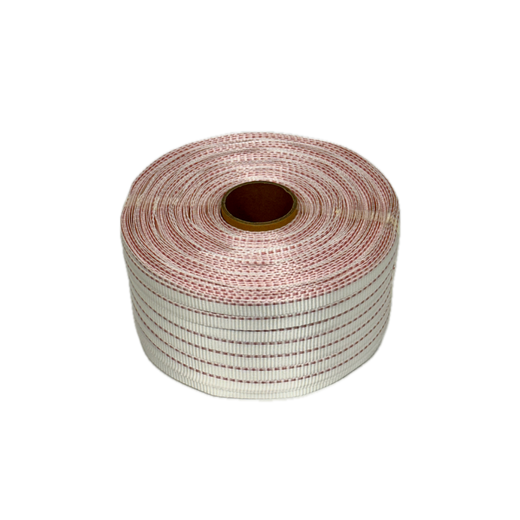 Roll of self-adhesive fiberglass drywall joint tape with red grid lines for reinforcing seams