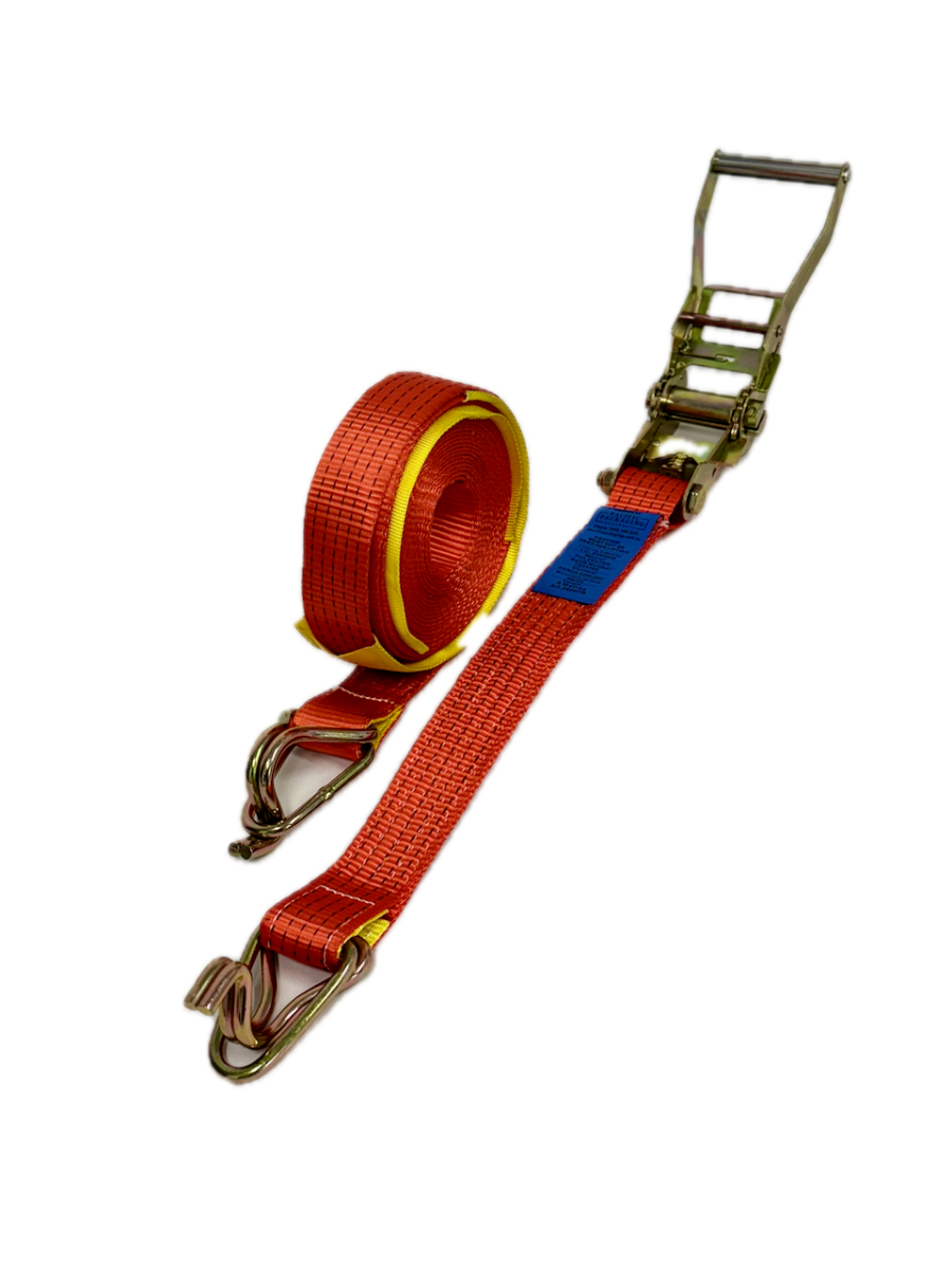 Red ratchet strap with metal hooks on a white background