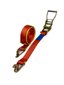 Red ratchet strap with metal hooks on a white background