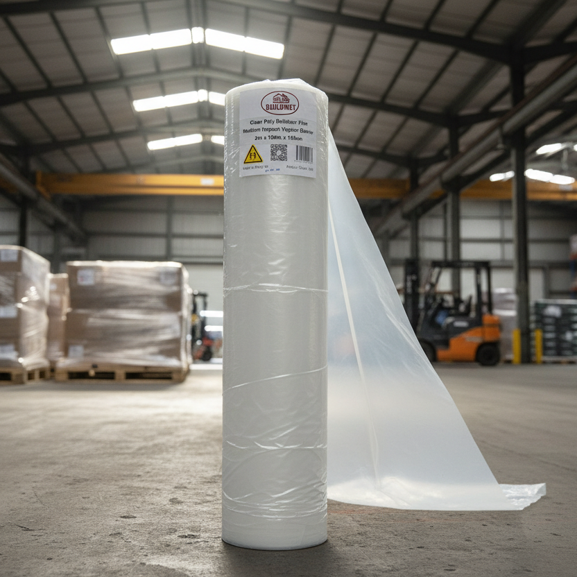 A medium shot of a roll of Pacific Packaging Australia's Buildmet Clear Builders Film standing in a warehouse with pallets wrapped with the film and a forklift in the blurred background.