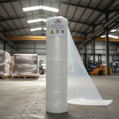 A medium shot of a roll of Pacific Packaging Australia's Buildmet Clear Builders Film standing in a warehouse with pallets wrapped with the film and a forklift in the blurred background.